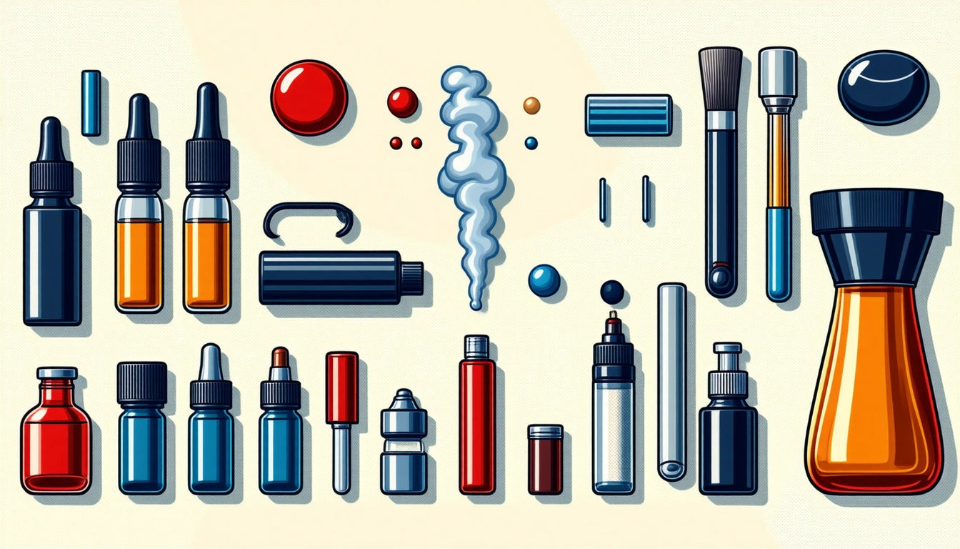 Various colorful bottles, droppers, and brushes arranged on a light background, with red, blue, and orange accents