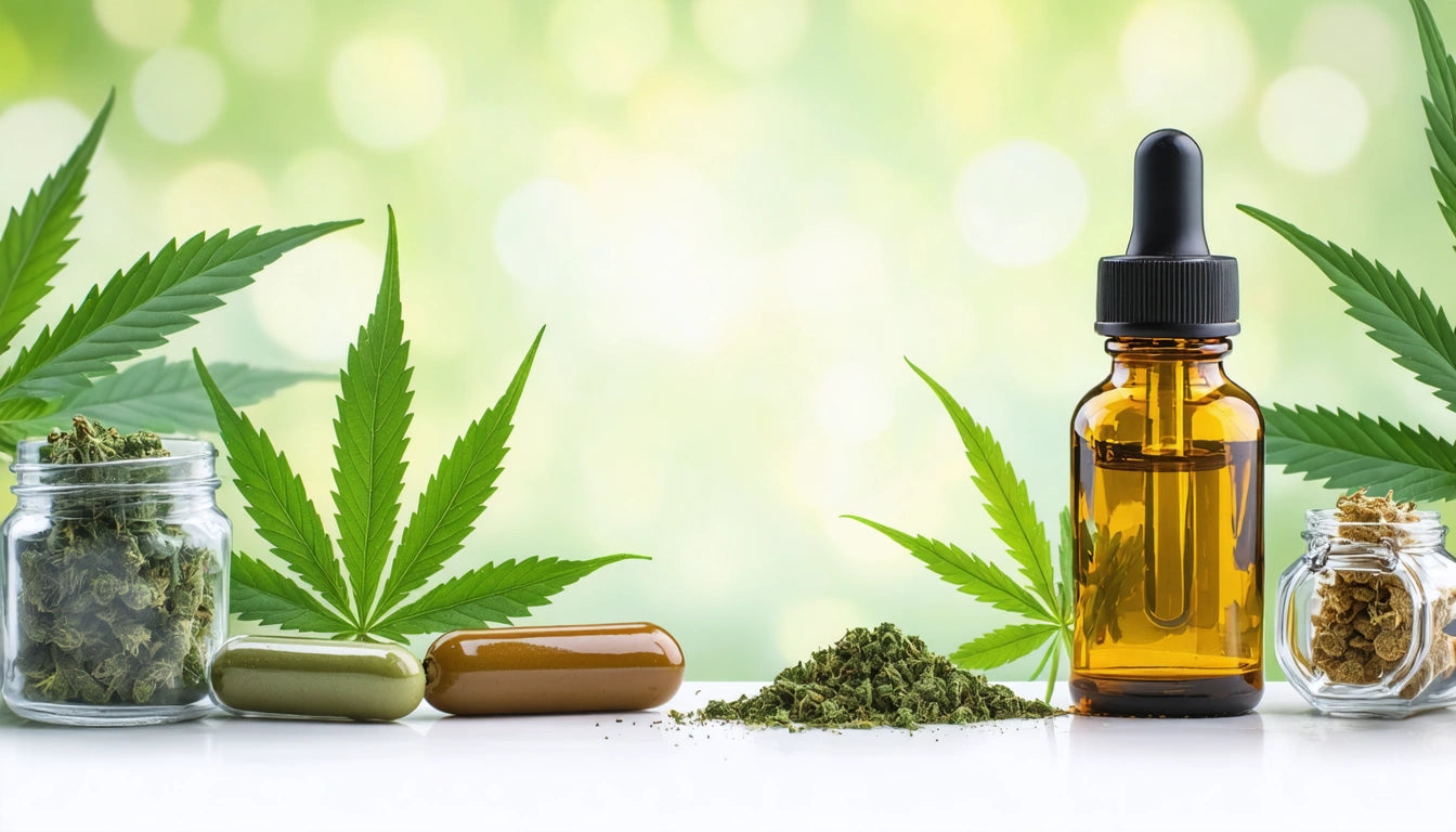 Amber dropper bottle, cannabis leaves, glass jars with dried herbs, capsules, and a small pile of ground herbs on white surface
