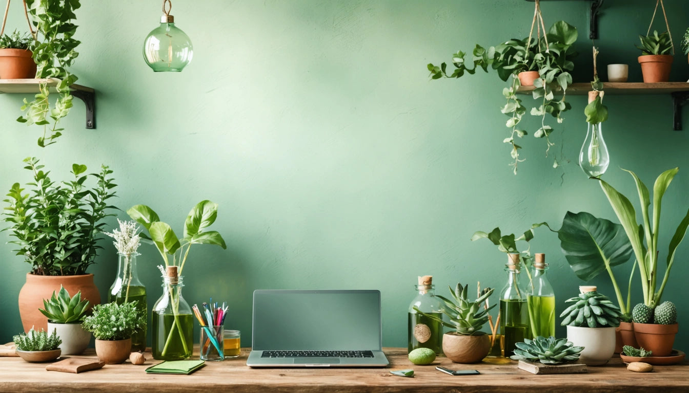 Laptop on wooden desk surrounded by various potted plants, glass bottles, and stationery against a green wall