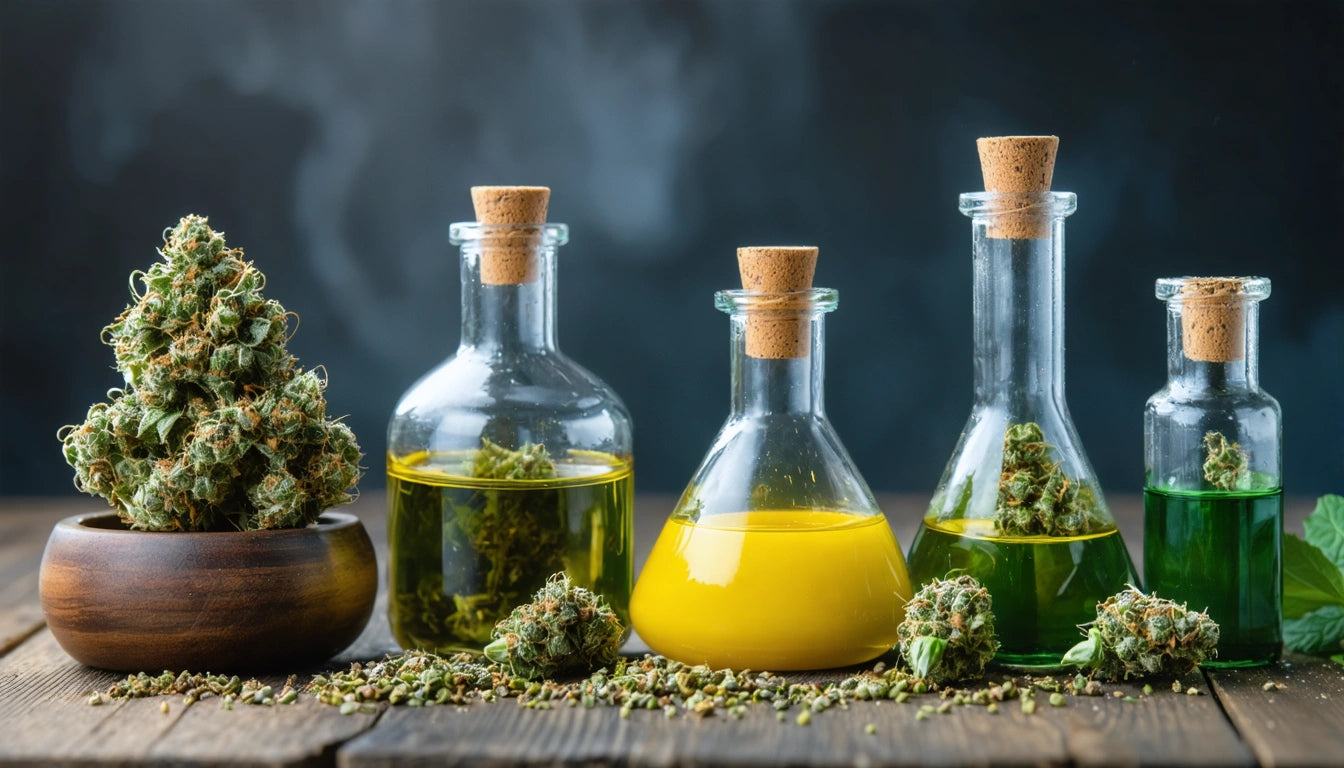 Glass bottles with corks filled with yellow and green liquids, surrounded by cannabis buds on a wooden surface