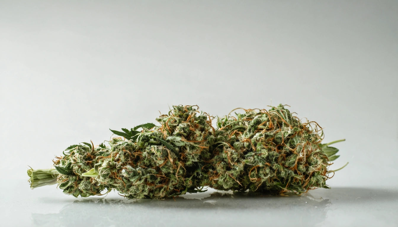 Dense green plant buds with orange strands, placed on a reflective surface against a light gray background