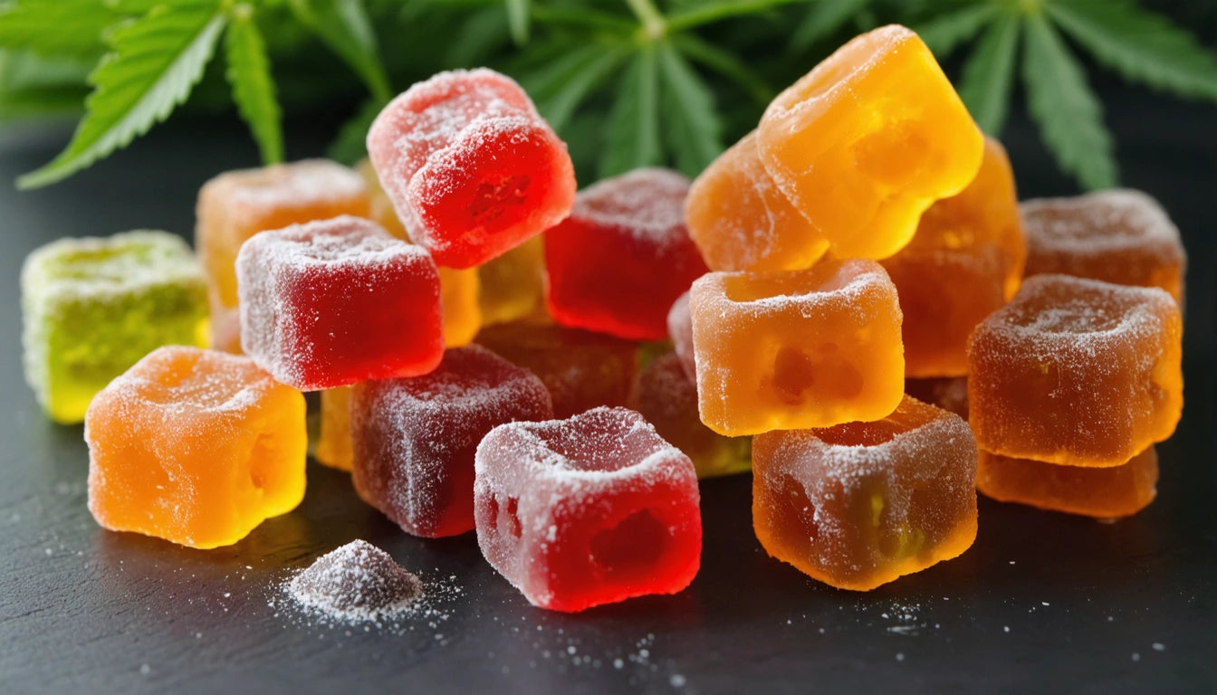 Colorful gummy cubes dusted with sugar, stacked on a dark surface, with green leaves in the background