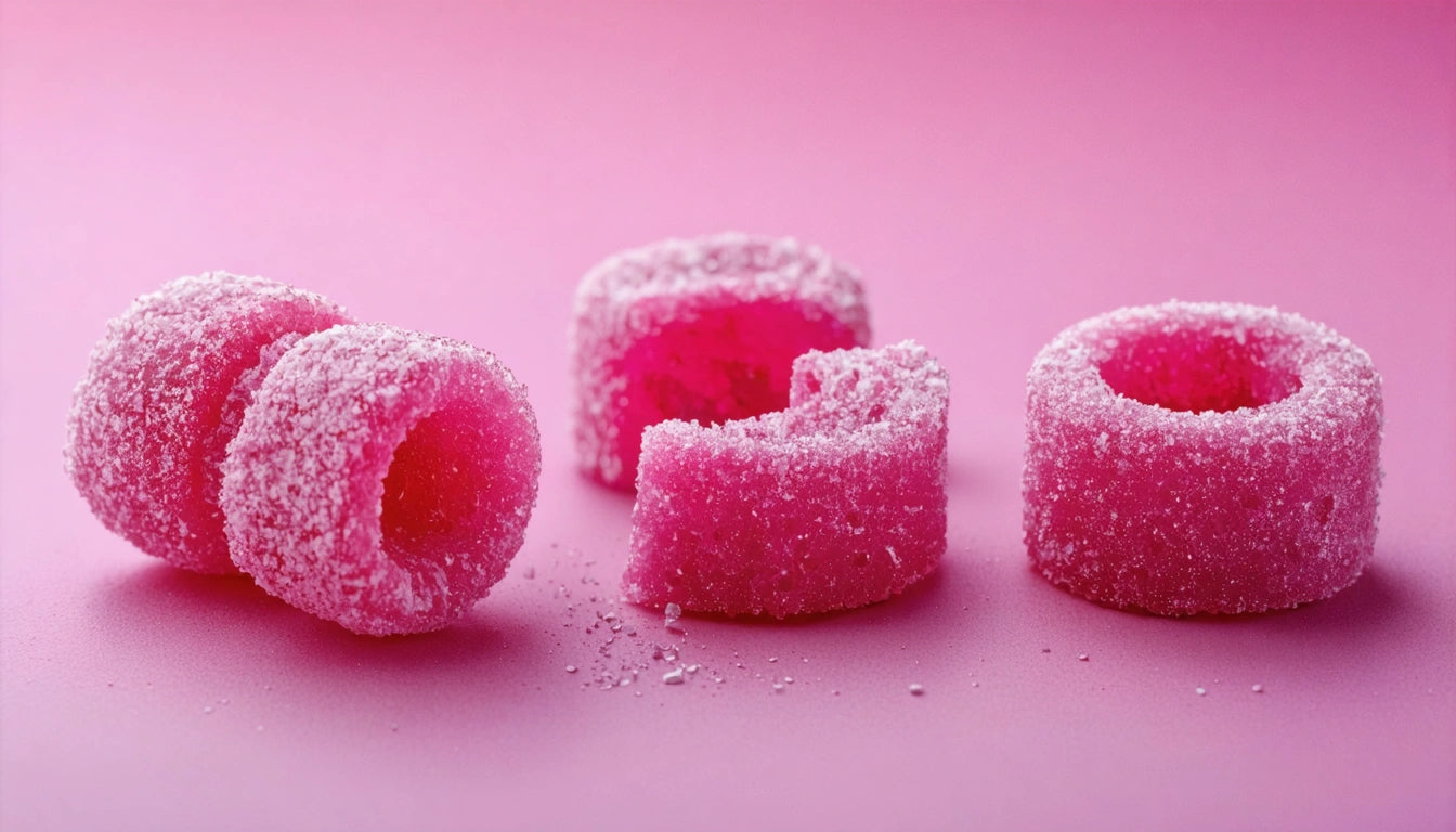Four pink sugar-coated gummy rings on a pink surface, with one ring slightly bitten