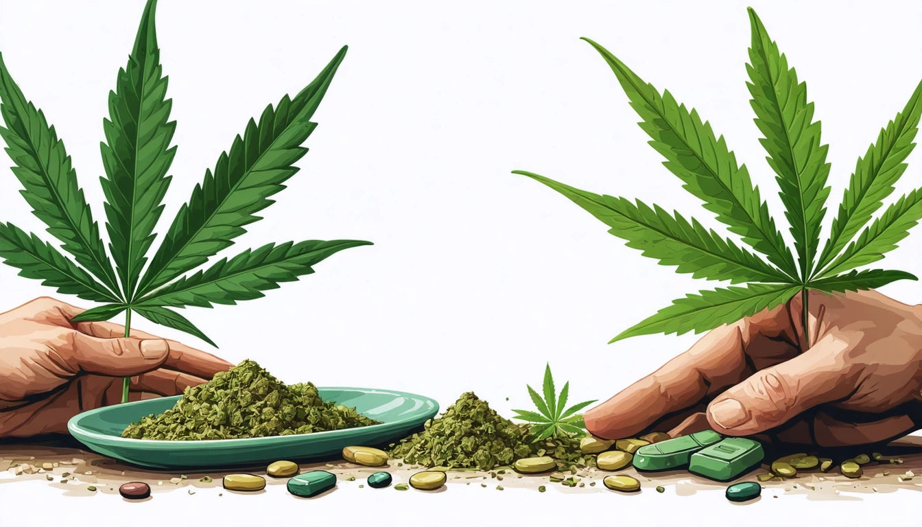 Two hands holding cannabis leaves, green powder on a plate, scattered pills and capsules on a white background