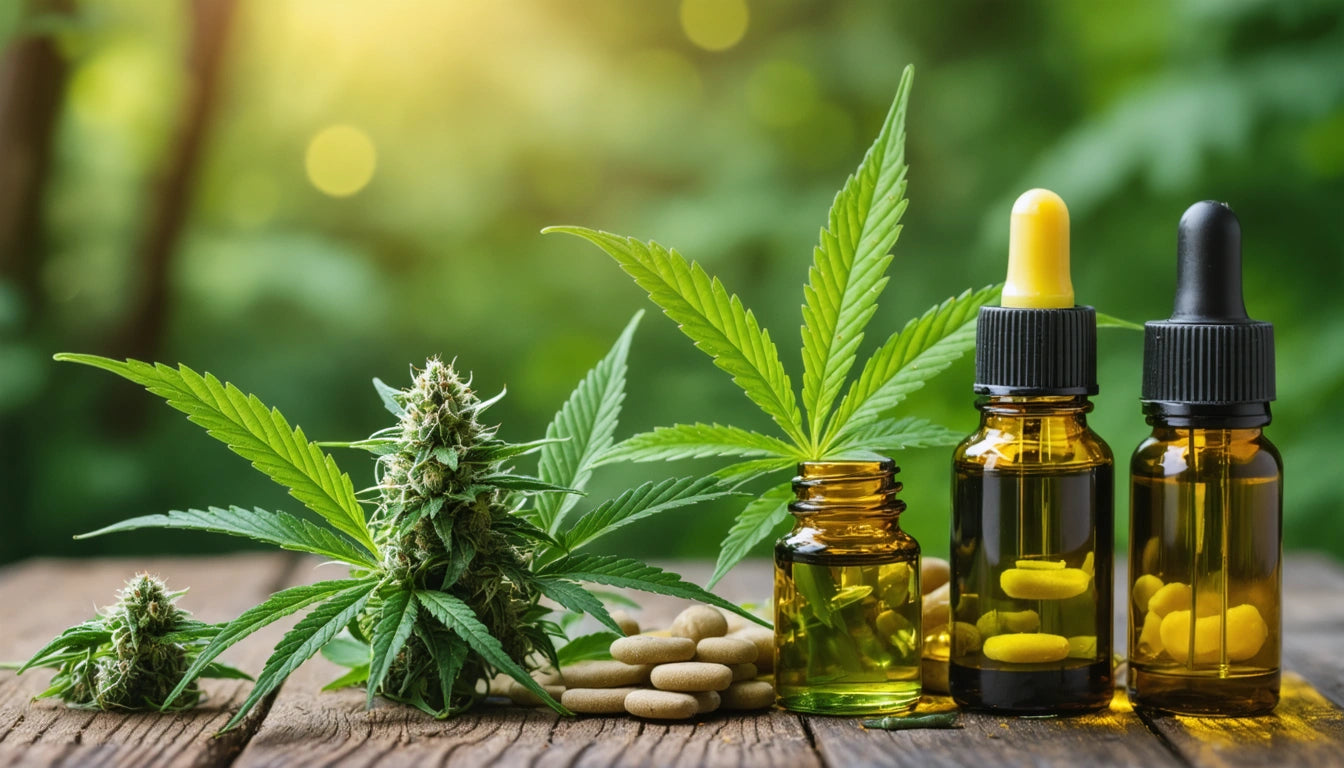 Green cannabis leaves, buds, amber bottles with droppers, and round tablets on wooden surface, blurred greenery in background