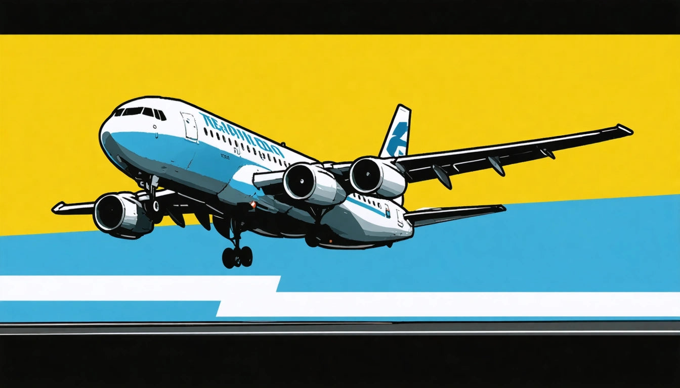 Airplane with blue and white livery flying against a yellow and blue background, landing gear extended