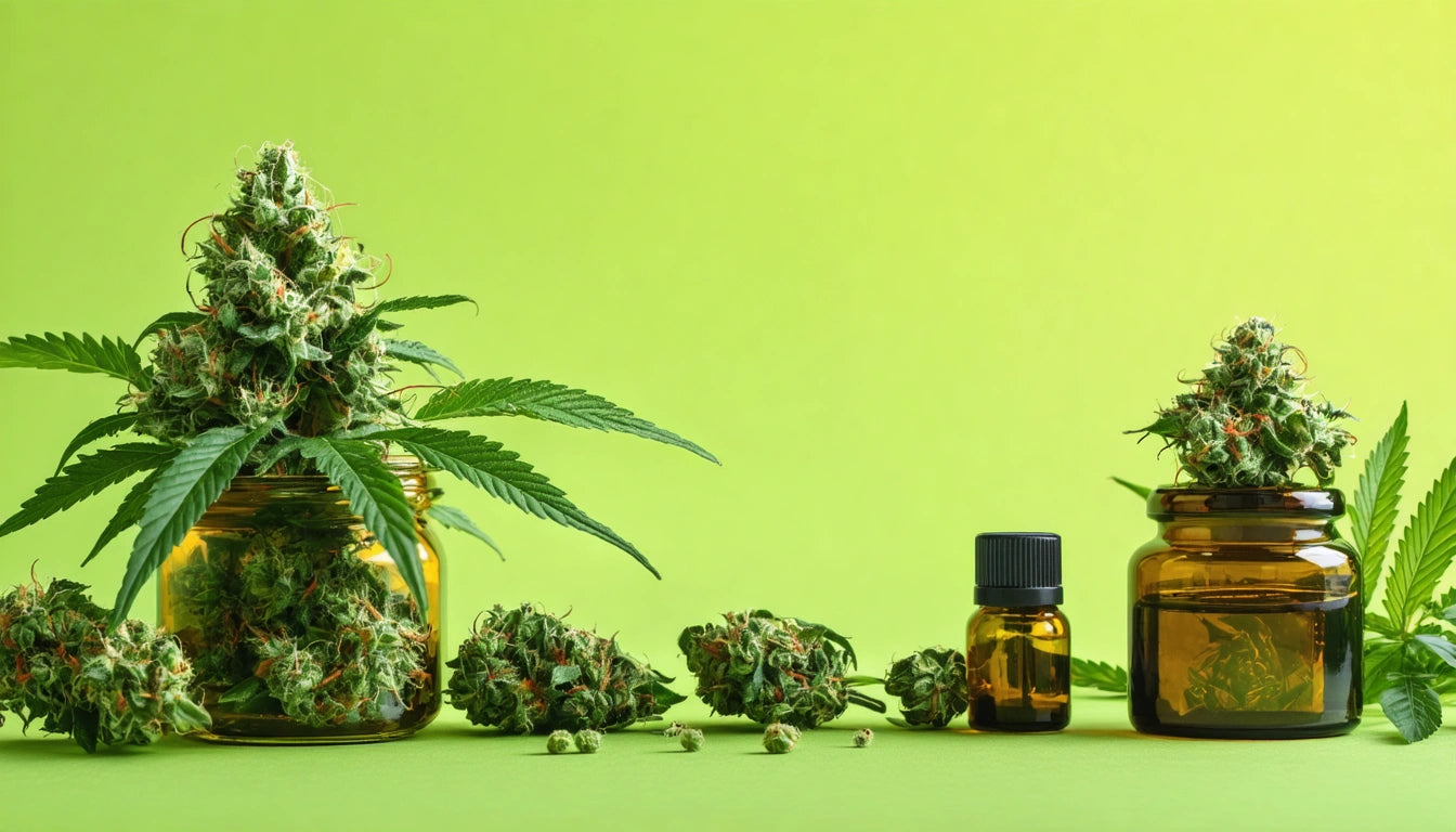 Glass jars filled with green buds, small amber bottles, and scattered leaves on a light green background