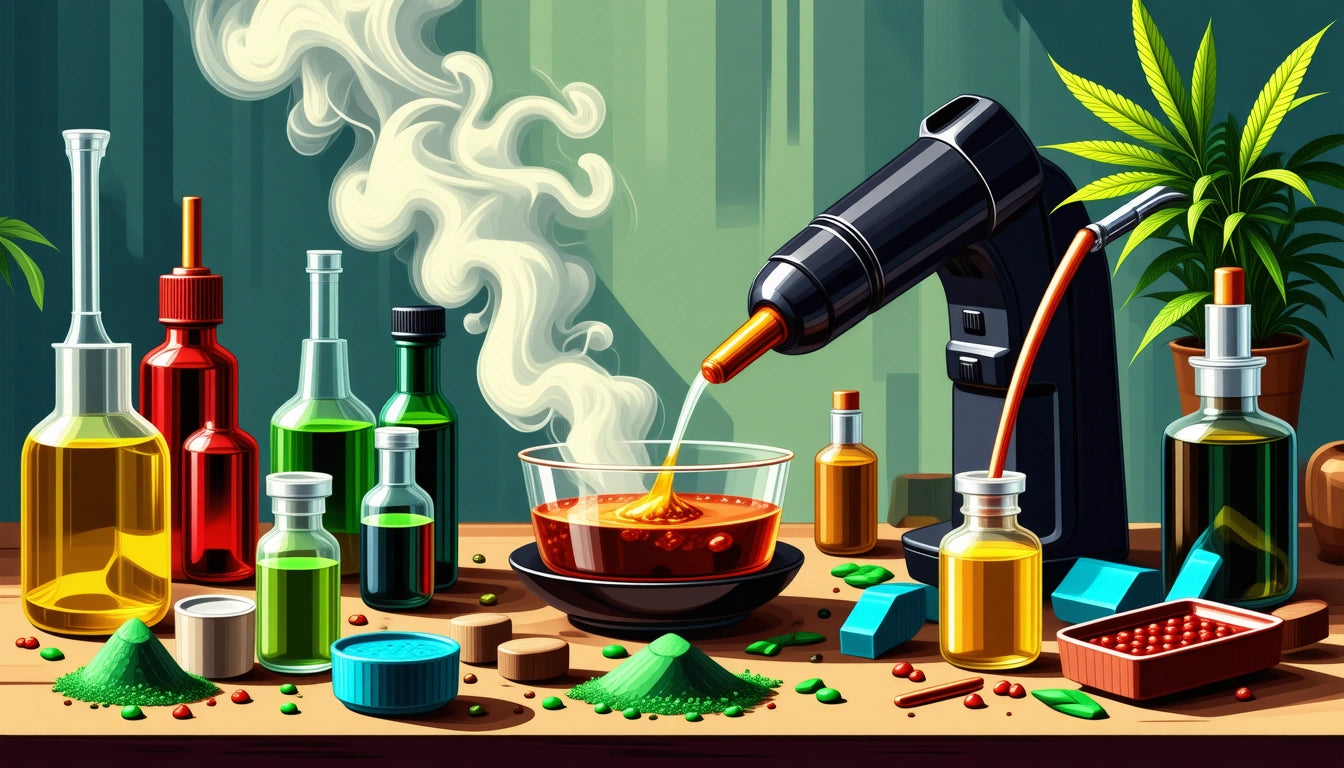 Various colored bottles and containers on a table, with smoke rising from a glass bowl, next to a black device