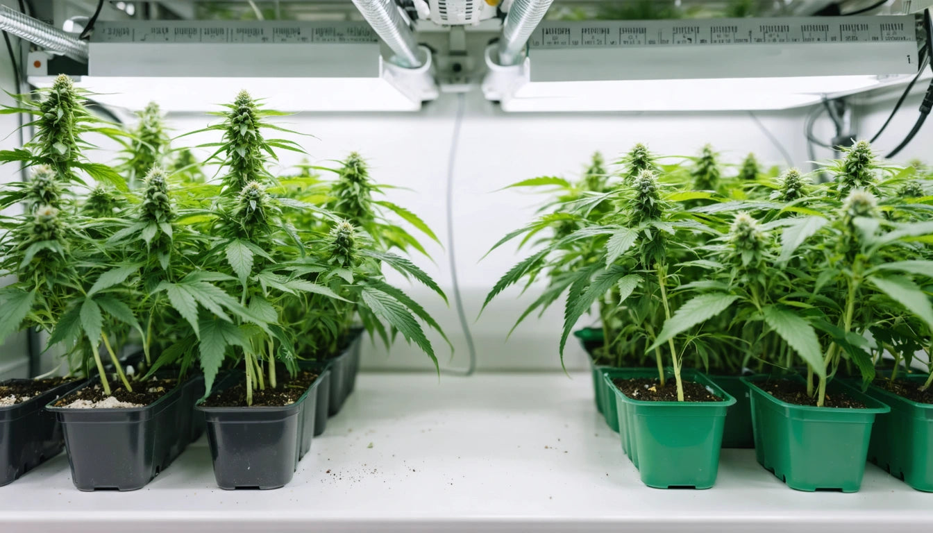 Rows of green plants in black and green pots under bright fluorescent lights on a white shelf