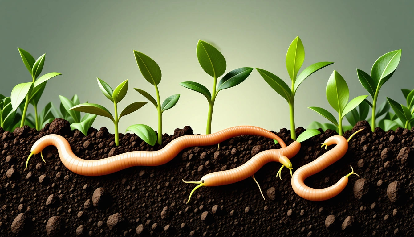 Several earthworms in soil beneath green seedlings against a gradient background
