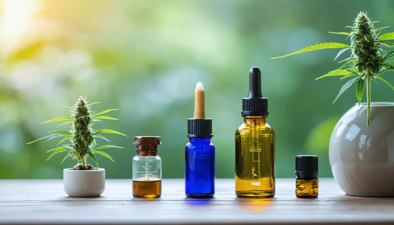 Five bottles of varying sizes and colors on a wooden surface, with two small cannabis plants in pots, blurred green background