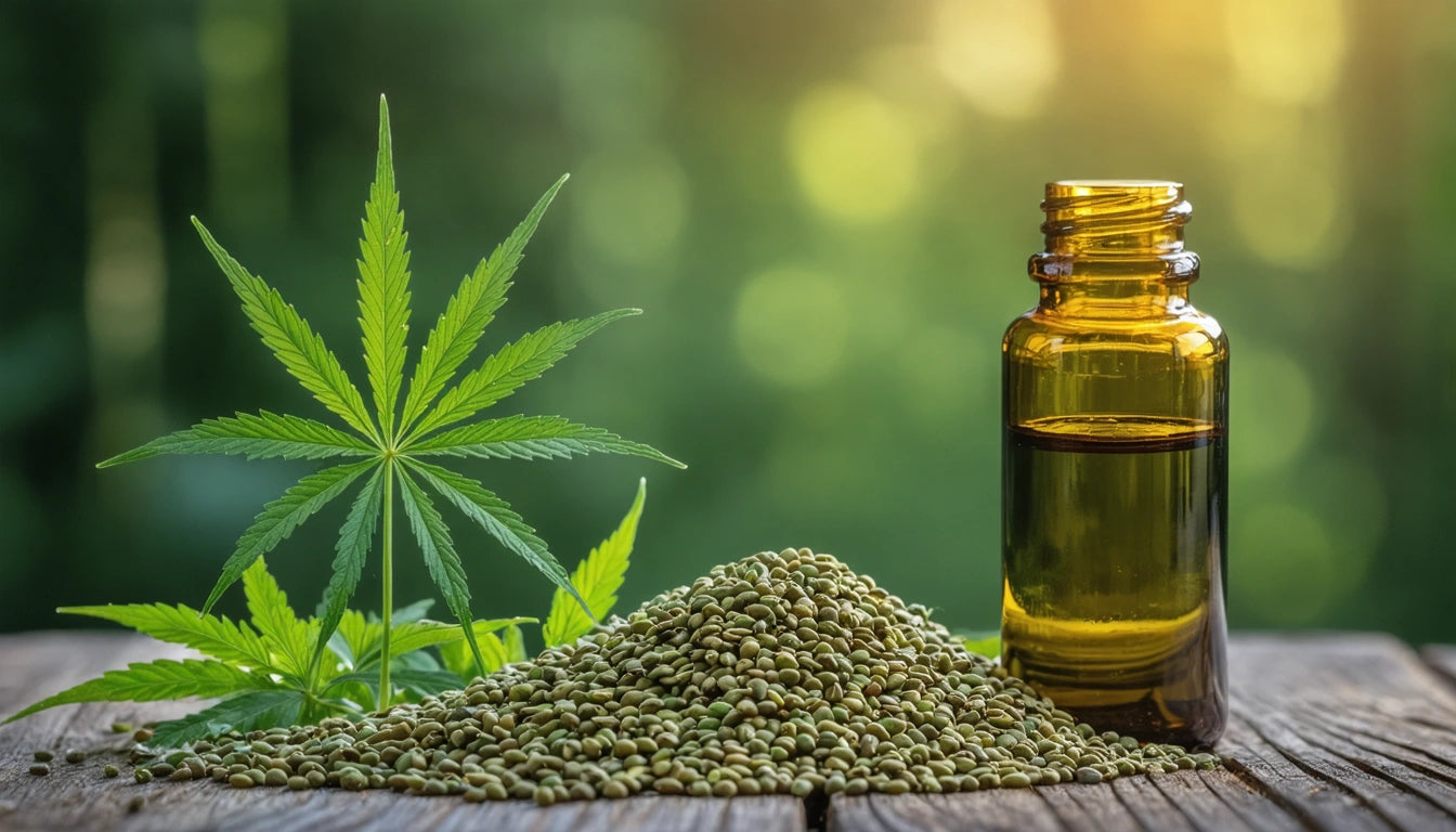 Glass bottle with liquid next to cannabis leaves and a pile of seeds on a wooden surface, blurred green background