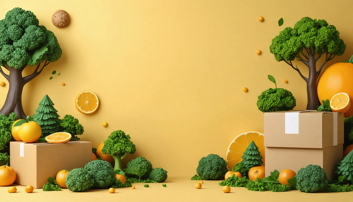 Cardboard boxes with broccoli, oranges, and small trees against a yellow background, with scattered orange slices and leaves