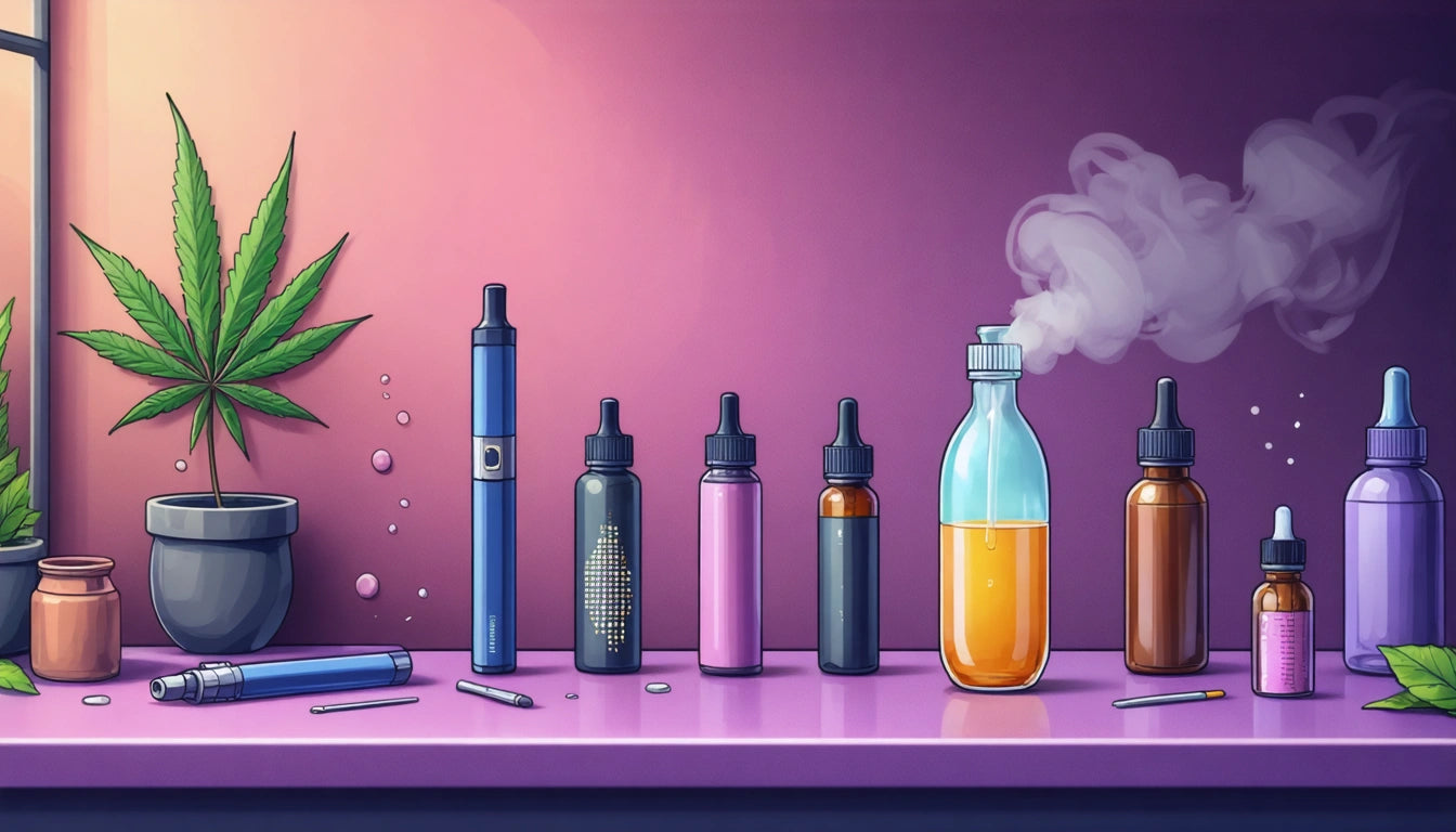 Various vape pens and bottles on a purple surface, with a potted plant and smoke rising from a bottle on the right