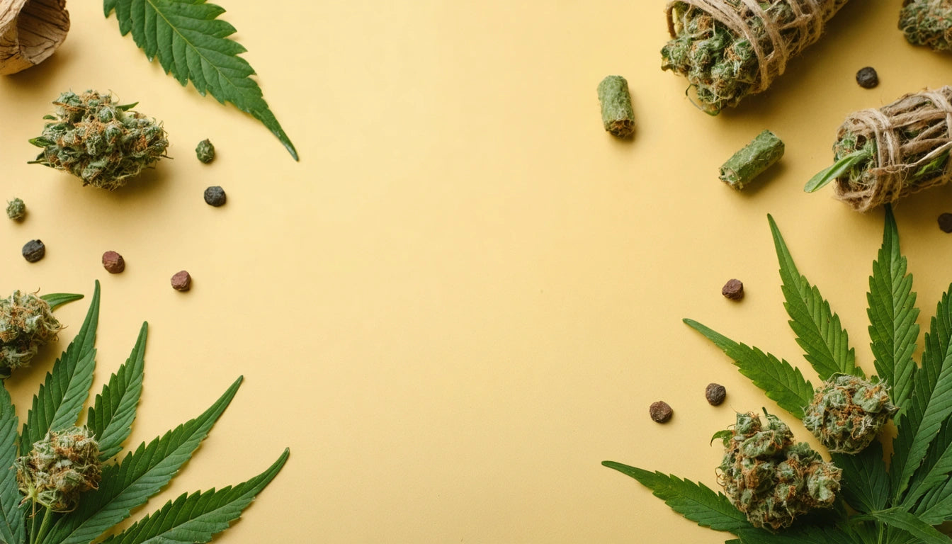 Cannabis leaves and buds scattered on a yellow background with small round objects