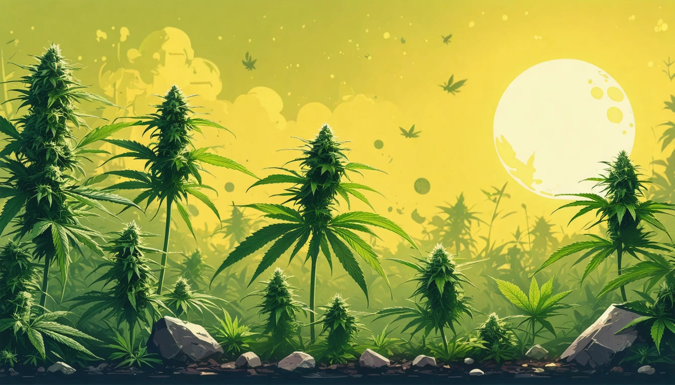 Tall green plants with pointed leaves under a large, bright full moon against a yellow sky with scattered clouds