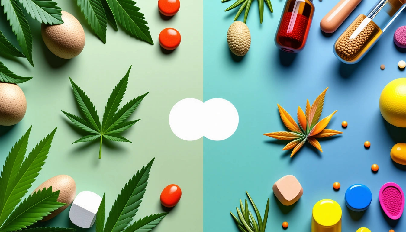 Green leaves, eggs, and red capsules on left; orange leaves, pills, and capsules on right; divided by white cloud shape