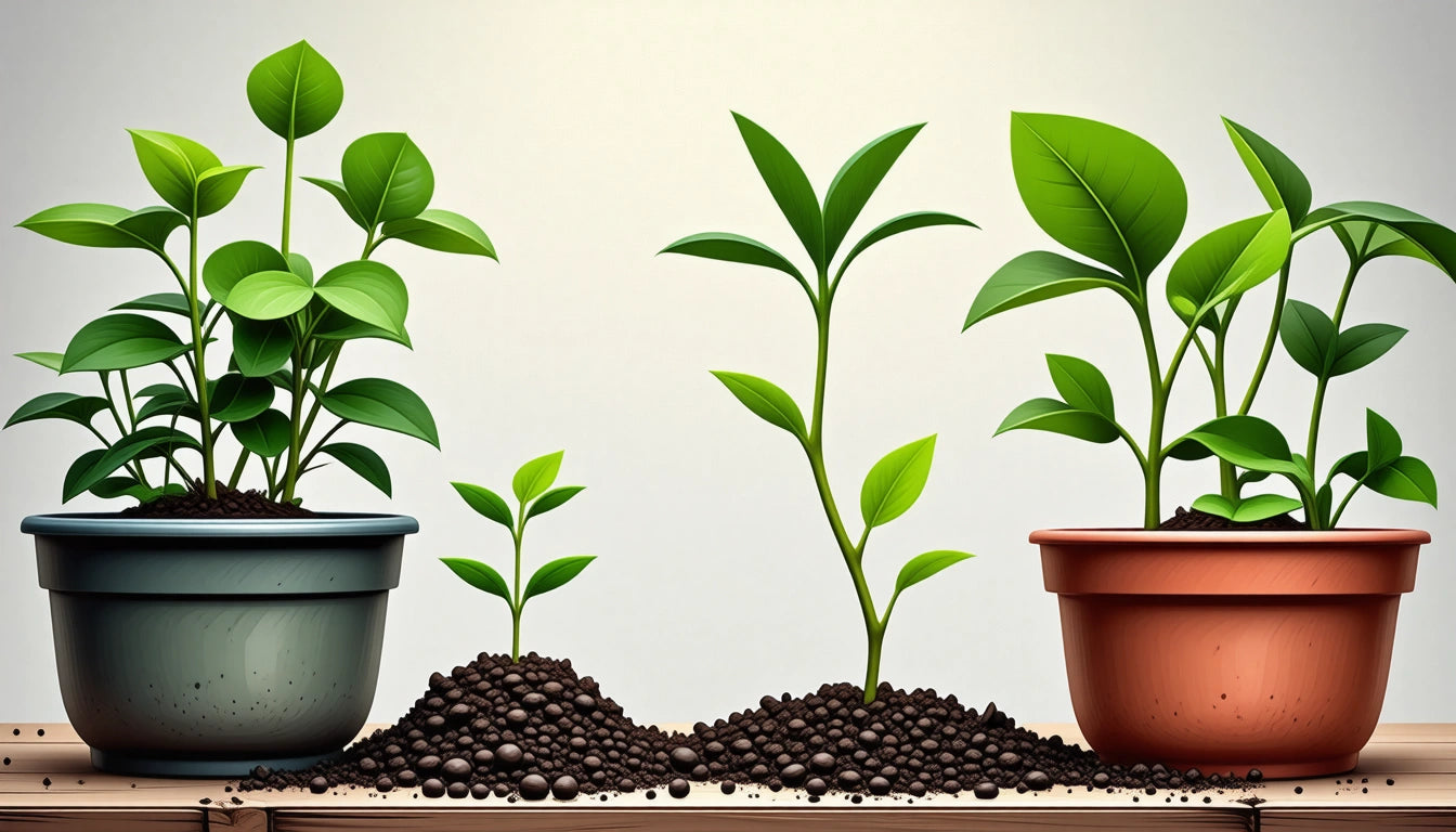 Two potted plants with green leaves flank two smaller plants growing from soil mounds on a wooden surface