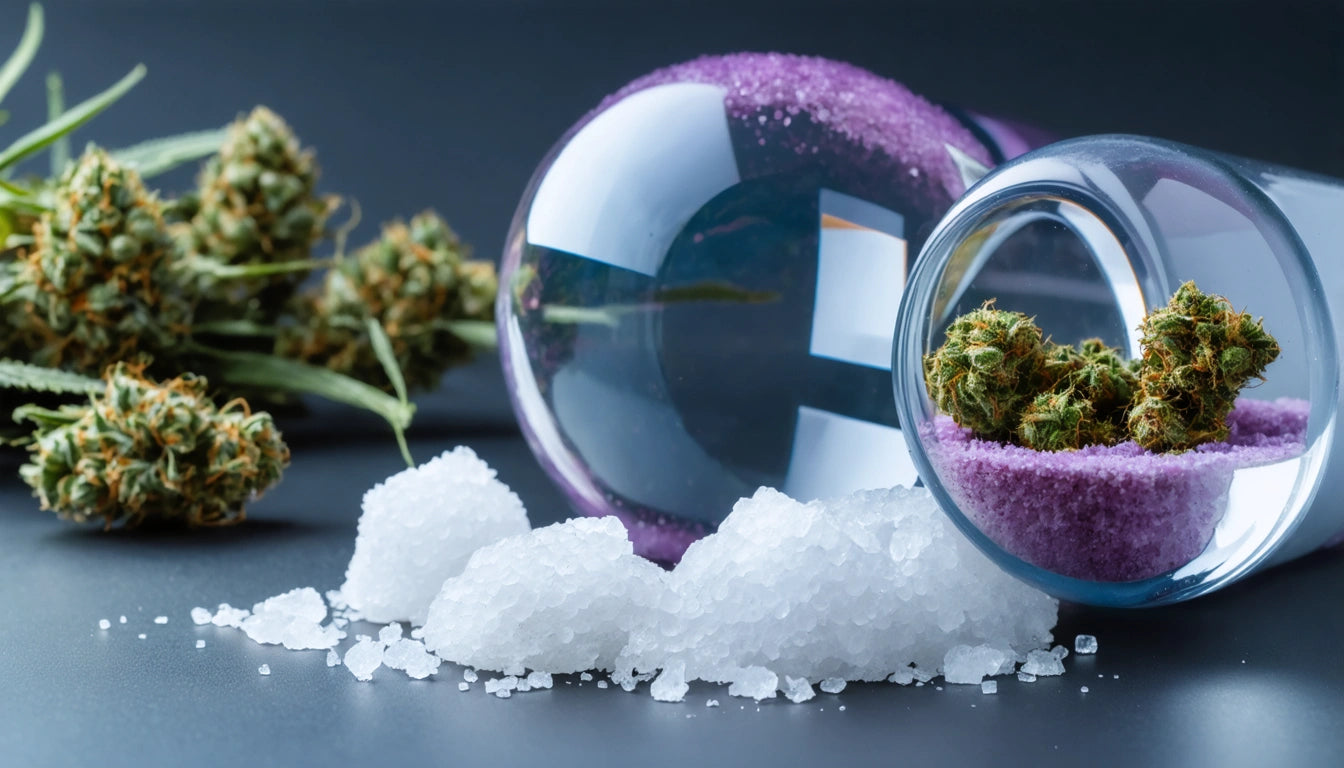 Glass jars with purple lids, one tipped over, spilling purple crystals. Green plant buds and white crystals on gray surface