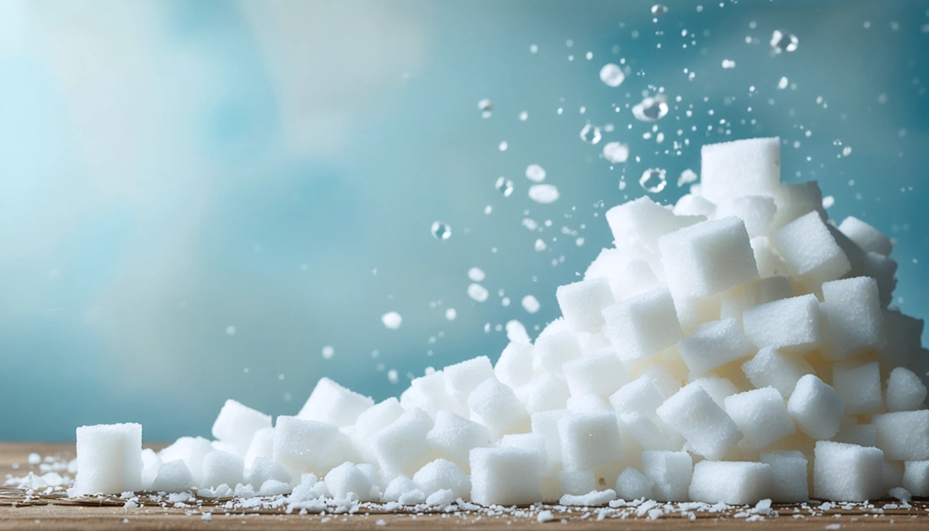 Pile of white sugar cubes on wooden surface, with some cubes falling and sugar granules scattered, against a blue background
