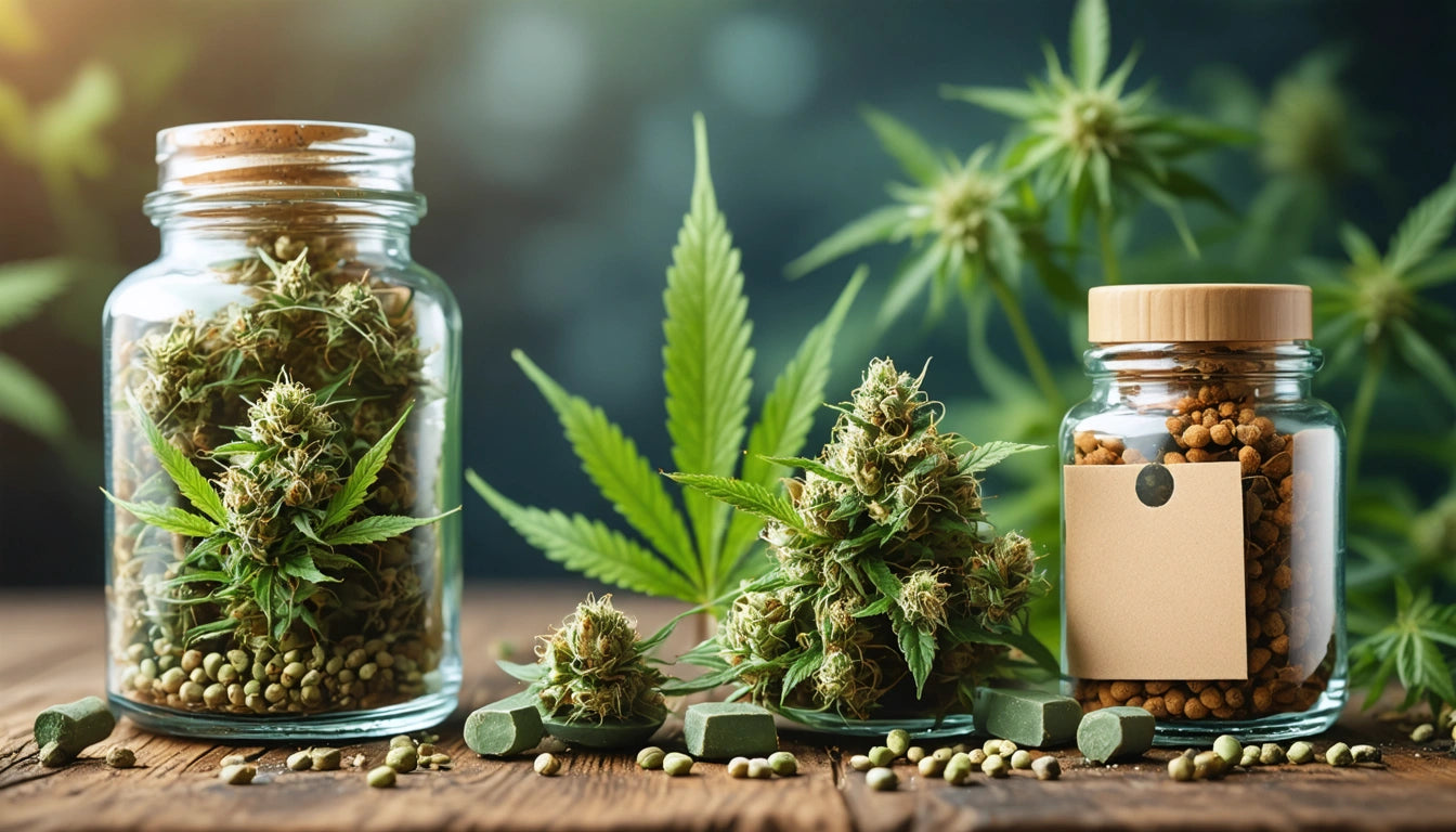 Glass jars filled with green buds and seeds on a wooden surface, with leaves and more buds in the background