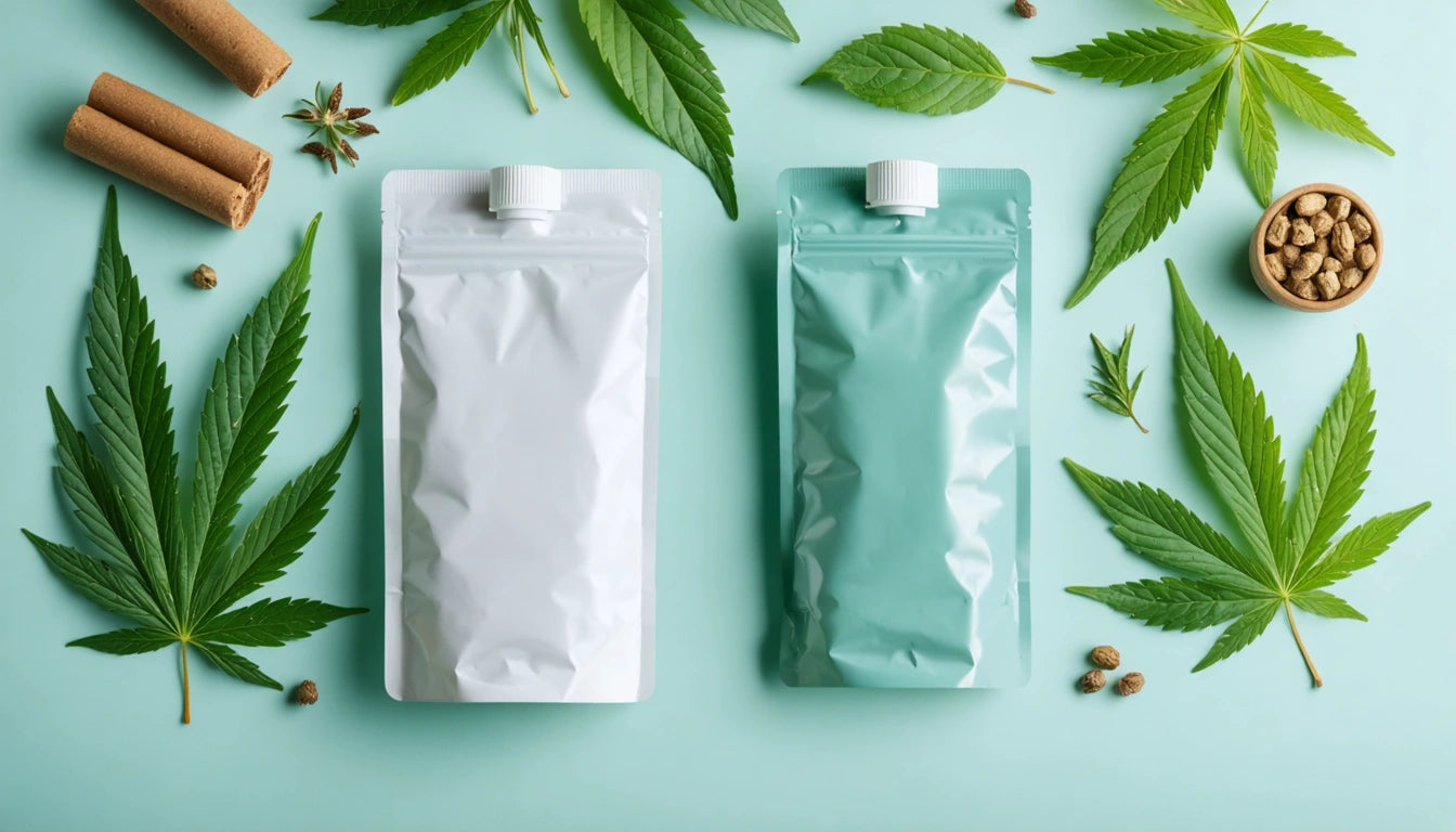 Two sealed pouches, one white and one green, surrounded by cannabis leaves, seeds, and cinnamon sticks on a light blue surface
