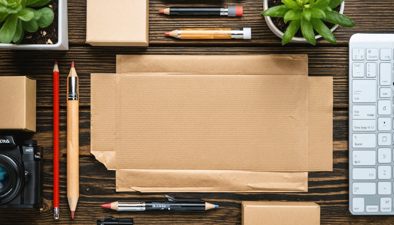 Brown paper surrounded by pencils, pens, a camera, a keyboard, small boxes, and a potted succulent on a wooden surface