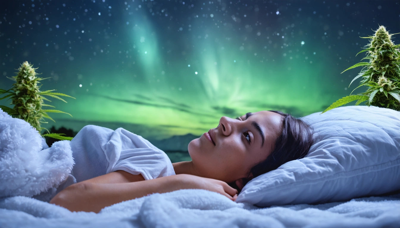 Woman lying on bed with white pillow, gazing at green aurora and starry sky, surrounded by plants