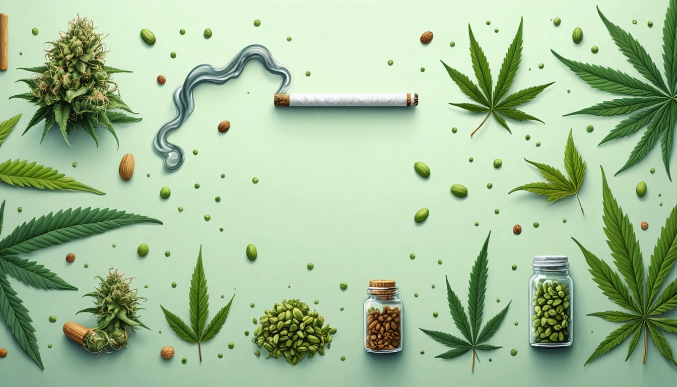 Cannabis leaves, seeds, and buds arranged on a light green background with two jars and a rolled joint in the center