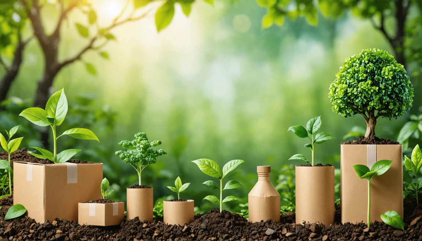Cardboard containers with various plants and a small tree on soil, with a blurred green leafy background and sunlight