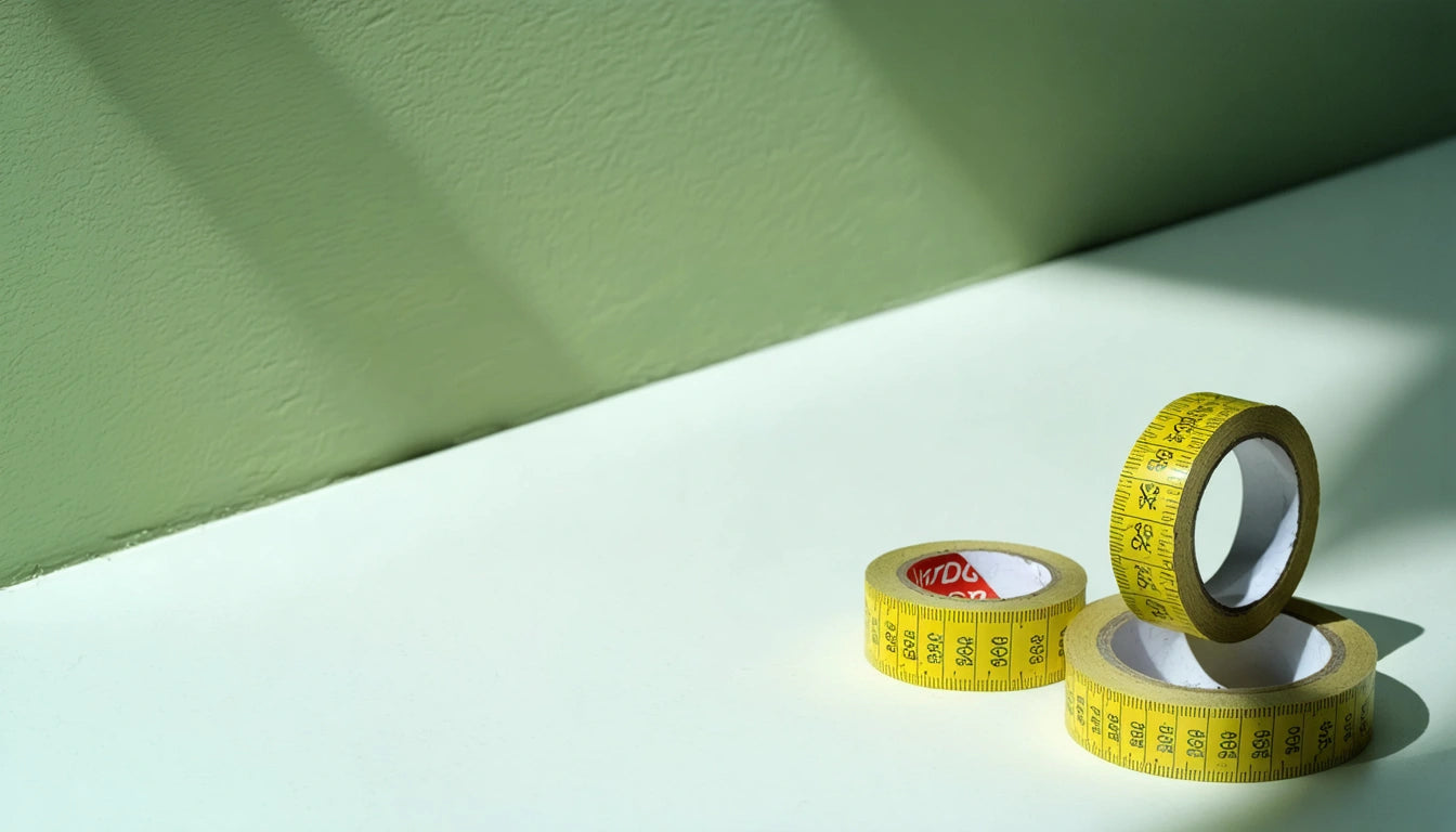 Three yellow measuring tape rolls on a white surface with a green textured wall in the background
