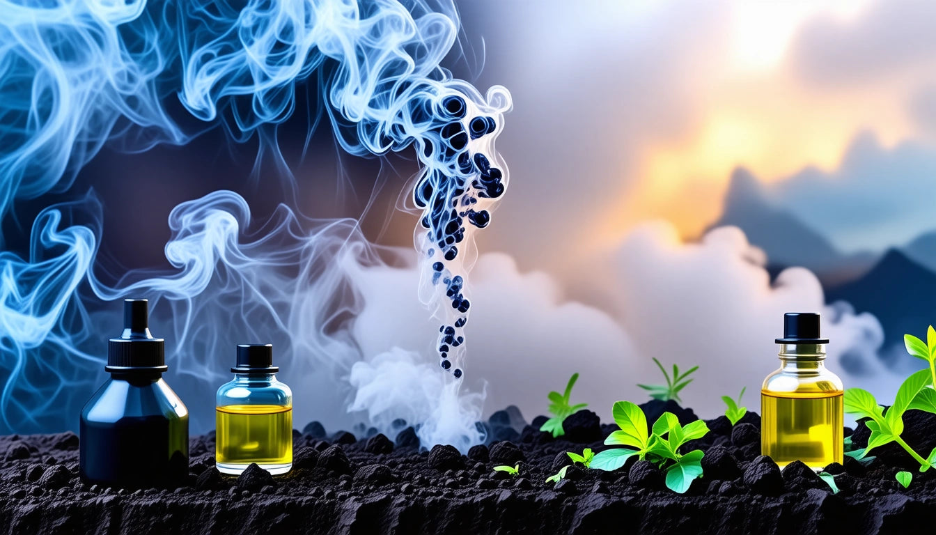 Three bottles with liquid on soil, surrounded by green plants, with swirling smoke and a cloudy sky in the background