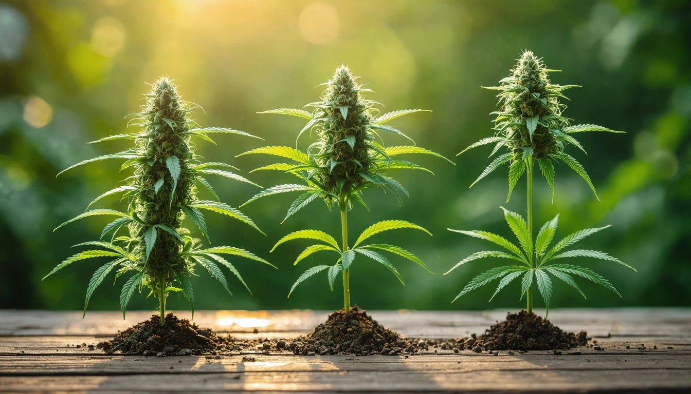 Three cannabis plants with green leaves and buds, planted in soil mounds on a wooden surface, with blurred greenery in the background