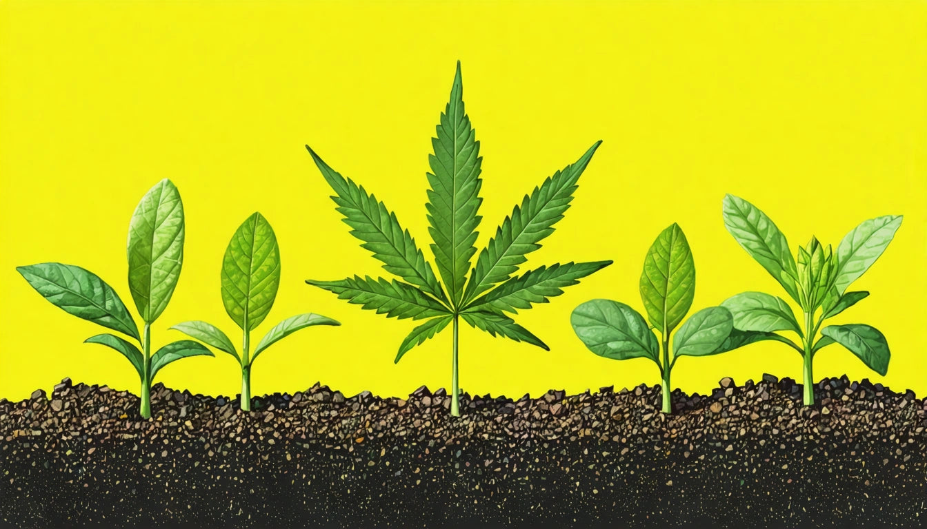 Five green plants growing in soil against a bright yellow background, with one large leafed plant in the center