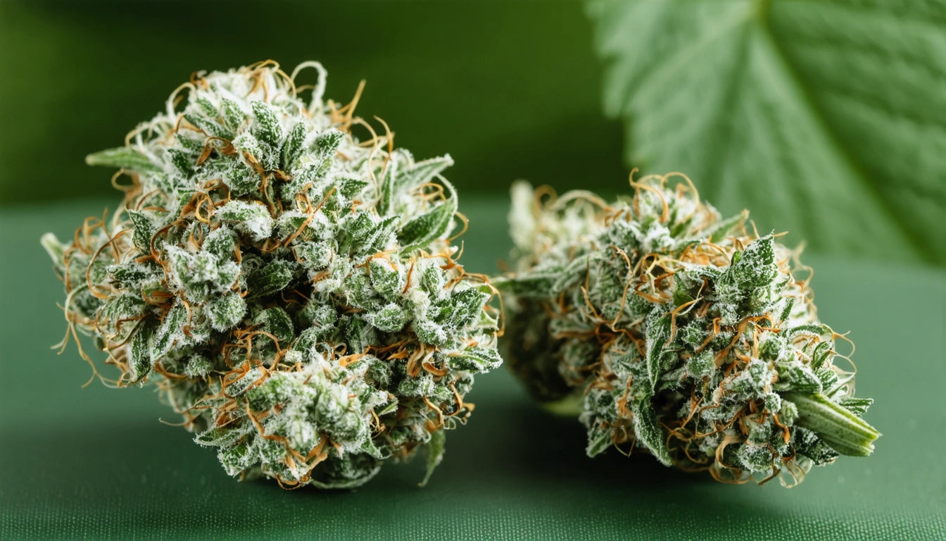 Two dense green buds with orange hairs and frosty white crystals on a green surface, blurred leaf in background