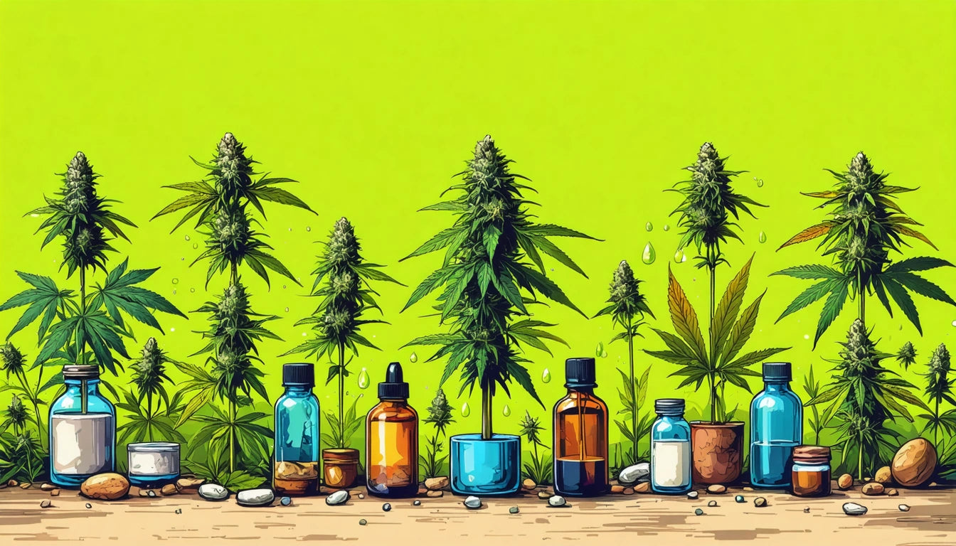 Tall green plants with pointed leaves behind various colored glass bottles on a sandy surface, bright green background