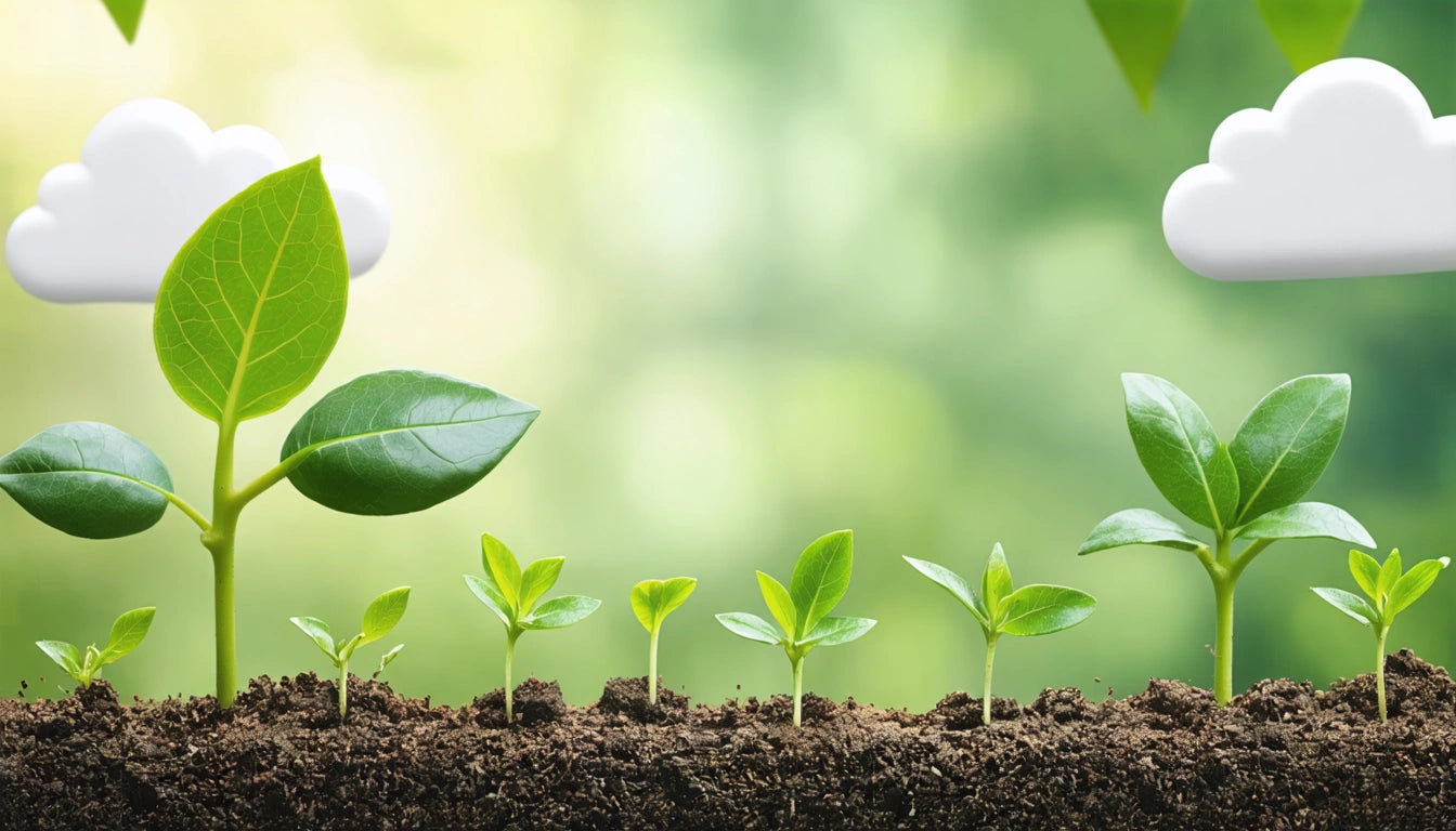Young green plants sprouting from soil, with two white cloud shapes above, against a blurred green background