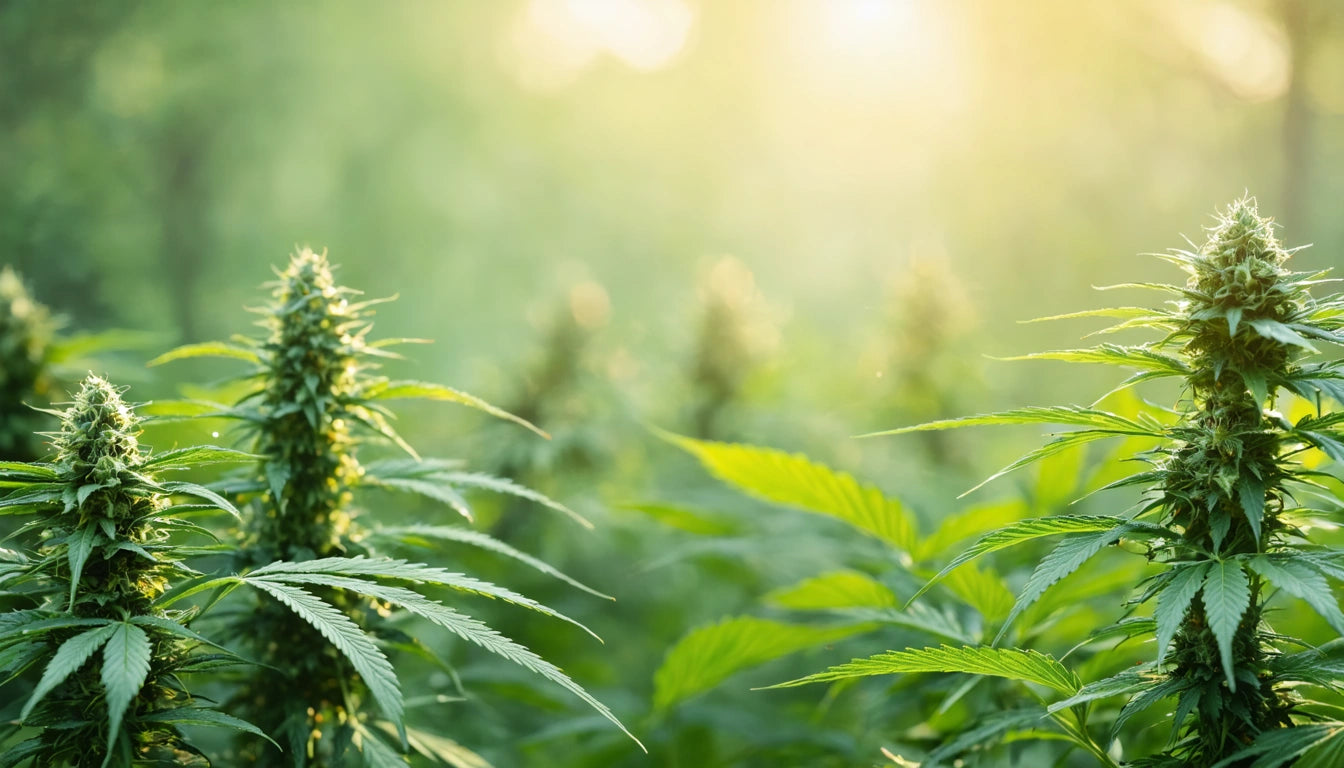 Sunlit green plants with spiky leaves and tall, clustered buds in a blurred natural background