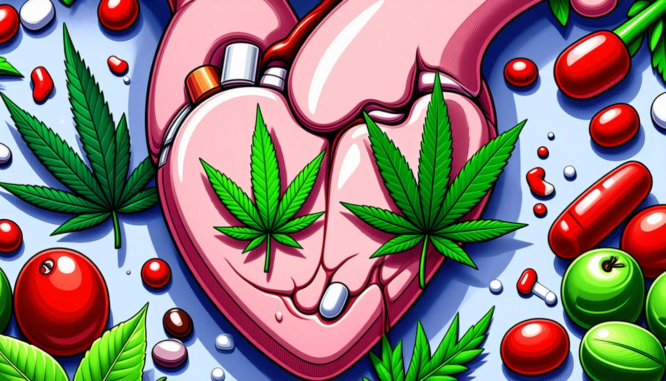 Two pink hands holding cannabis leaves, surrounded by colorful pills and capsules on a blue background