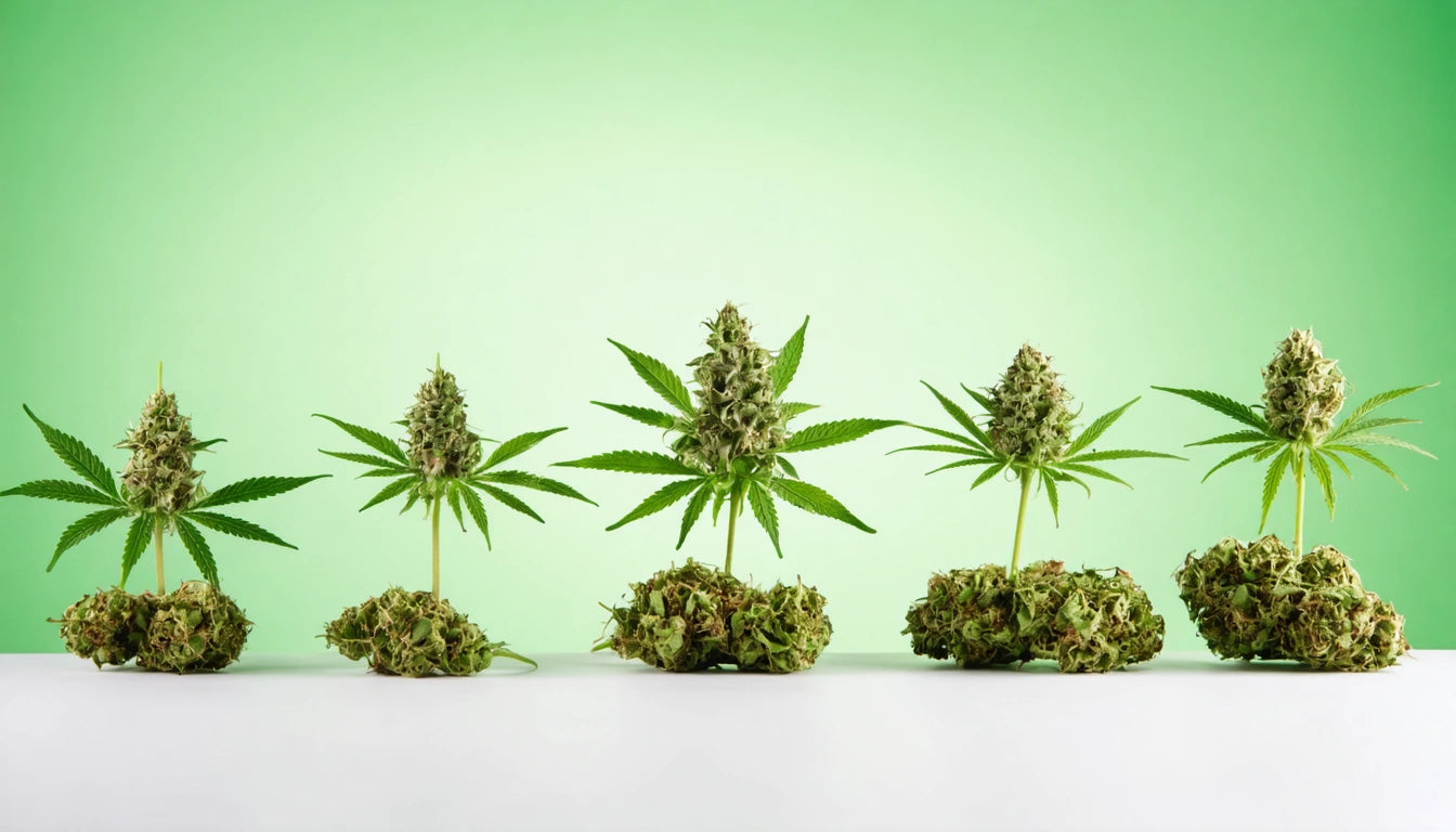 Five cannabis buds with leaves on white surface against a green gradient background