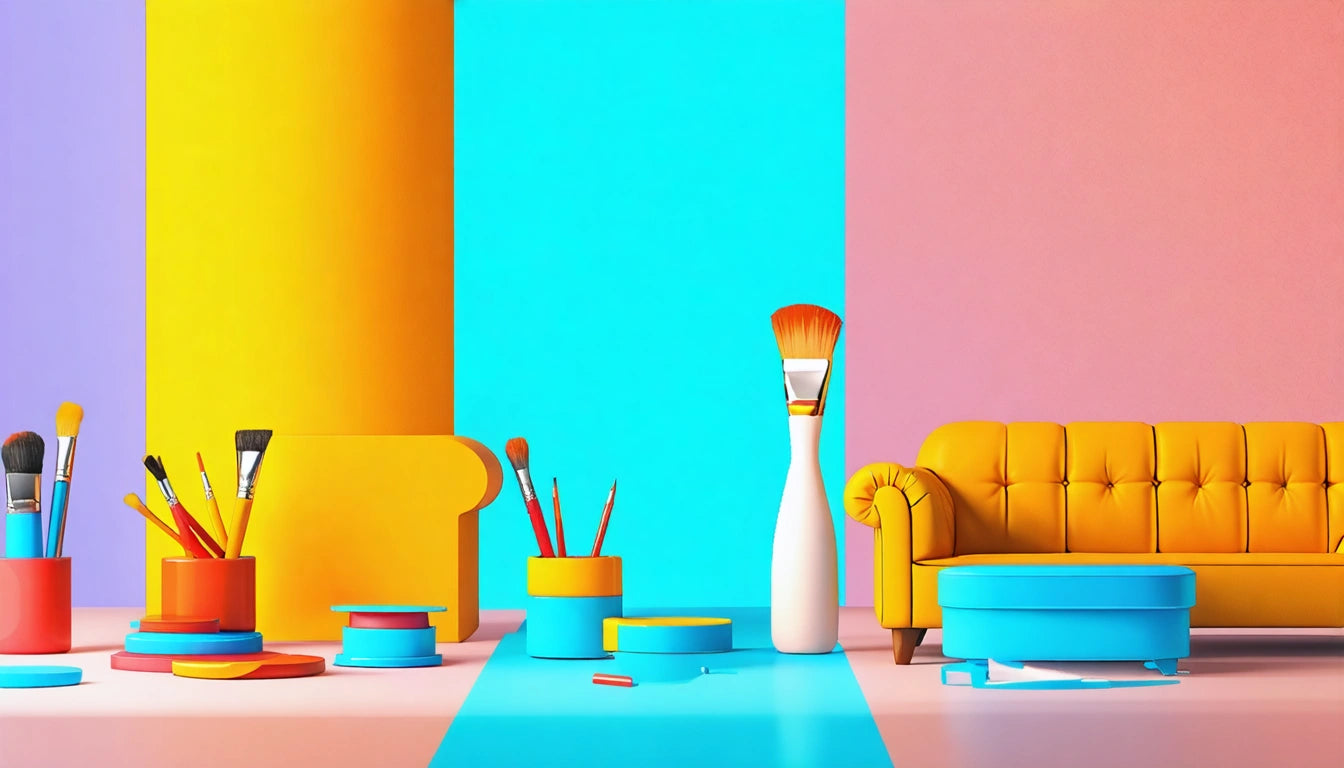 Colorful room with yellow couch, large paintbrush, and paint cans on floor; walls are pink, blue, and yellow