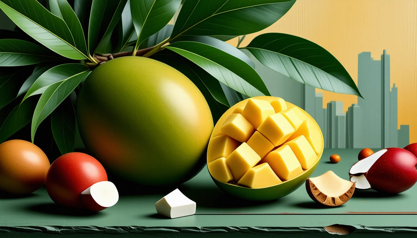 Large green mango with leaves, half cut into cubes, surrounded by red and brown fruits on a green surface, city skyline backdrop