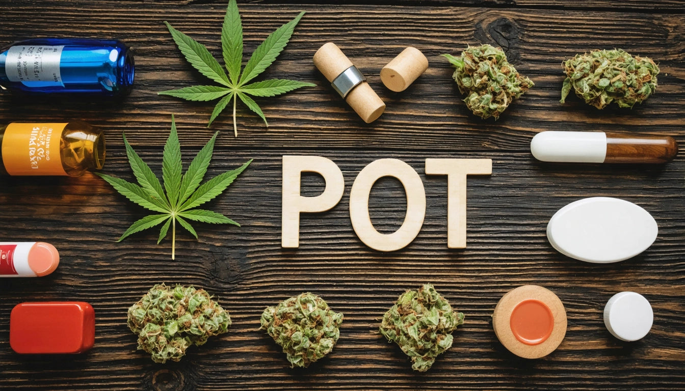 Wooden letters spelling "POT" surrounded by cannabis leaves, buds, pill bottles, and vape devices on a wooden surface