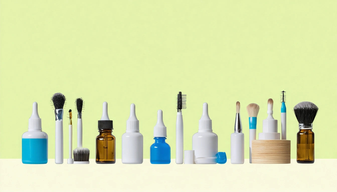 Various cosmetic bottles, brushes, and droppers arranged in a row against a light green background