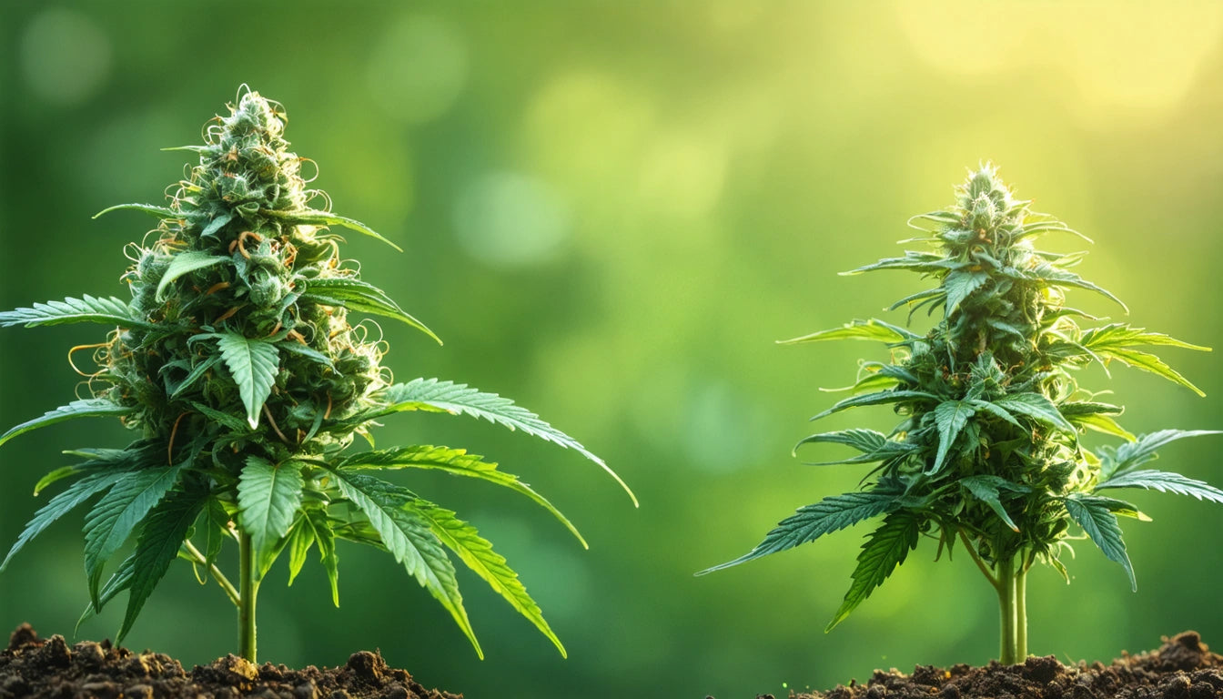 Two green plants with serrated leaves and dense clusters, growing in soil against a blurred green and yellow background