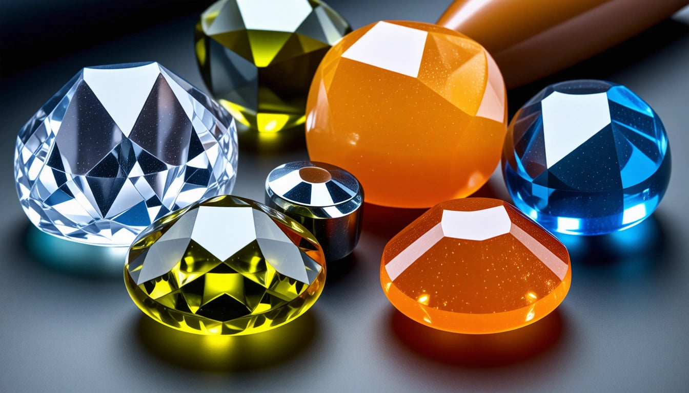 Various faceted gemstones in orange, blue, yellow, and clear hues arranged on a smooth surface with soft lighting