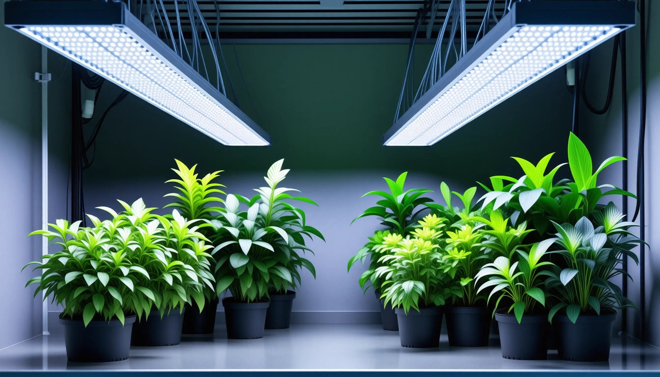 Potted green plants under two long, bright LED lights on a reflective surface