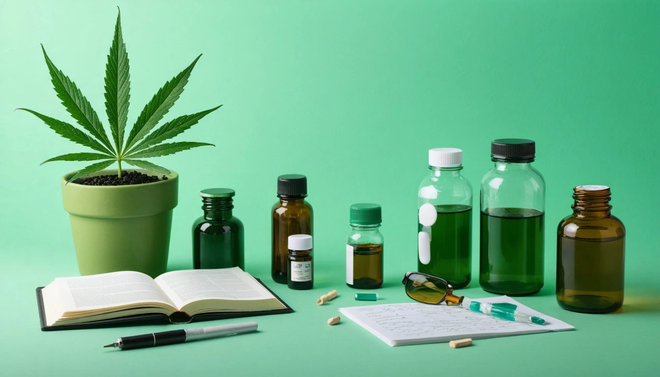 Potted plant with long leaves, various green and brown bottles, open book, pen, glasses, and pills on a green background