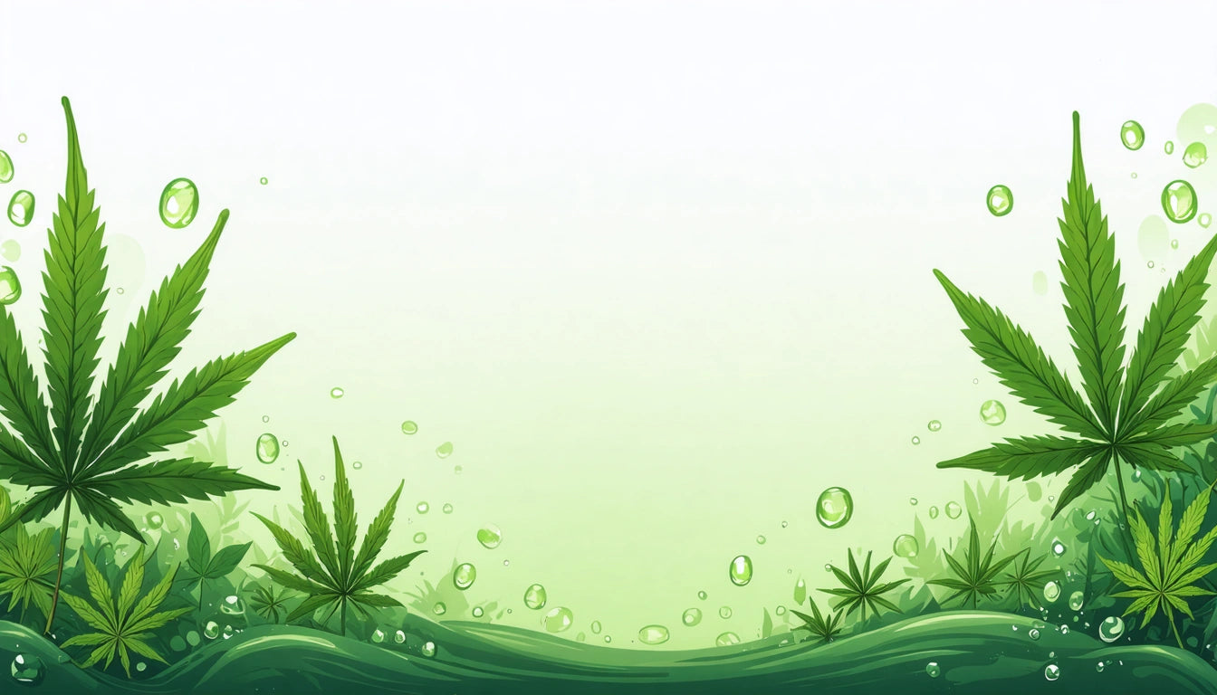 Green cannabis leaves and bubbles on a light green gradient background, with smaller leaves and bubbles at the bottom