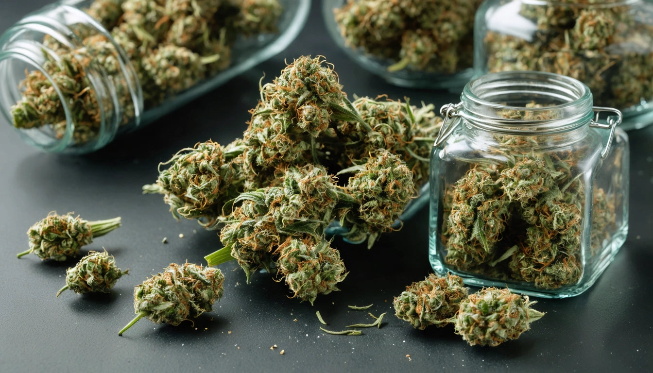 Glass jars filled with green, leafy buds on a dark surface, with some buds scattered around